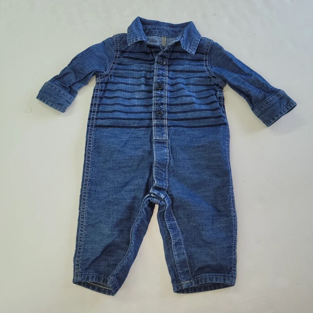 Baby Gap 1969 Coverall Infant 3-6 Month Blue Chambray Stripe Snap Bottom 1-Piece